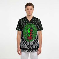 Flaming Skull Scrub Top with Green Runes and Norse Symbols Viking Warrior Tribute - Wonder Print Shop