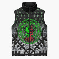 Flaming Skull Sleeveless Puffer Jacket with Green Runes and Norse Symbols Viking Warrior Tribute - Wonder Print Shop