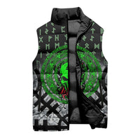 Flaming Skull Sleeveless Puffer Jacket with Green Runes and Norse Symbols Viking Warrior Tribute - Wonder Print Shop