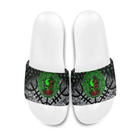 Flaming Skull Slide Sandals with Green Runes and Norse Symbols Viking Warrior Tribute - Wonder Print Shop