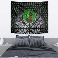 Flaming Skull Tapestry with Green Runes and Norse Symbols Viking Warrior Tribute - Wonder Print Shop