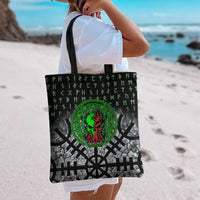 Flaming Skull Tote Bag with Green Runes and Norse Symbols Viking Warrior Tribute - Wonder Print Shop
