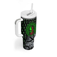 Flaming Skull Tumbler With Handle with Green Runes and Norse Symbols Viking Warrior Tribute - Wonder Print Shop