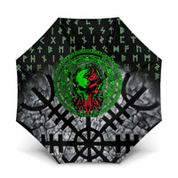 Flaming Skull Umbrella with Green Runes and Norse Symbols Viking Warrior Tribute - Wonder Print Shop