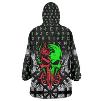 Flaming Skull Wearable Blanket Hoodie with Green Runes and Norse Symbols Viking Warrior Tribute - Wonder Print Shop