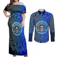 Viking Skull Couples Matching Off Shoulder Maxi Dress and Long Sleeve Button Shirt with Horned Helmet and Swords Nordic Warrior Tribute - Wonder Print Shop