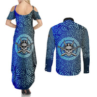 Viking Skull Couples Matching Summer Maxi Dress and Long Sleeve Button Shirt with Horned Helmet and Swords Nordic Warrior Tribute - Wonder Print Shop