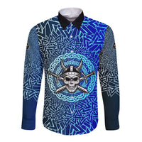 Viking Skull Long Sleeve Button Shirt with Horned Helmet and Swords Nordic Warrior Tribute - Wonder Print Shop