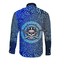 Viking Skull Long Sleeve Button Shirt with Horned Helmet and Swords Nordic Warrior Tribute - Wonder Print Shop