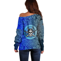 Viking Skull Off Shoulder Sweater with Horned Helmet and Swords Nordic Warrior Tribute - Wonder Print Shop