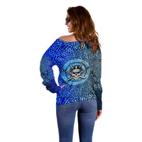 Viking Skull Off Shoulder Sweater with Horned Helmet and Swords Nordic Warrior Tribute - Wonder Print Shop