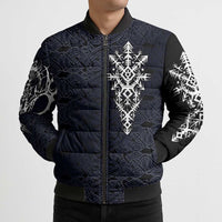 Runic Skull Bomber Puffer Jacket with Nordic Symbols and Knot Pattern Viking Heritage Tribute - Wonder Print Shop