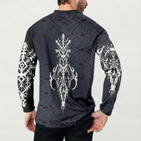 Runic Skull Button Sweatshirt with Nordic Symbols and Knot Pattern Viking Heritage Tribute - Wonder Print Shop