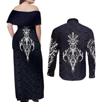 Runic Skull Couples Matching Off Shoulder Maxi Dress and Long Sleeve Button Shirt with Nordic Symbols and Knot Pattern Viking Heritage Tribute - Wonder Print Shop