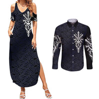 Runic Skull Couples Matching Summer Maxi Dress and Long Sleeve Button Shirt with Nordic Symbols and Knot Pattern Viking Heritage Tribute - Wonder Print Shop