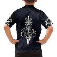Runic Skull Family Matching Off Shoulder Short Dress and Hawaiian Shirt with Nordic Symbols and Knot Pattern Viking Heritage Tribute - Wonder Print Shop