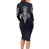 Runic Skull Long Sleeve Bodycon Dress with Nordic Symbols and Knot Pattern Viking Heritage Tribute - Wonder Print Shop