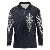 Runic Skull Long Sleeve Polo Shirt with Nordic Symbols and Knot Pattern Viking Heritage Tribute - Wonder Print Shop