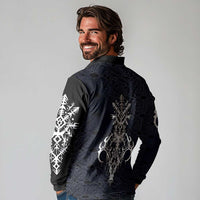 Runic Skull Long Sleeve Polo Shirt with Nordic Symbols and Knot Pattern Viking Heritage Tribute - Wonder Print Shop