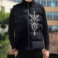 Runic Skull Sleeveless Puffer Jacket with Nordic Symbols and Knot Pattern Viking Heritage Tribute - Wonder Print Shop