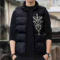 Runic Skull Sleeveless Puffer Jacket with Nordic Symbols and Knot Pattern Viking Heritage Tribute - Wonder Print Shop