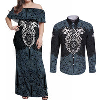 Viking Vegvisir Symbol Couples Matching Off Shoulder Maxi Dress and Long Sleeve Button Shirt with Runes and Intricate Knotwork Norse Protection Tribute - Wonder Print Shop