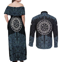 Viking Vegvisir Symbol Couples Matching Off Shoulder Maxi Dress and Long Sleeve Button Shirt with Runes and Intricate Knotwork Norse Protection Tribute - Wonder Print Shop