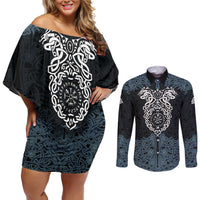 Viking Vegvisir Symbol Couples Matching Off Shoulder Short Dress and Long Sleeve Button Shirt with Runes and Intricate Knotwork Norse Protection Tribute - Wonder Print Shop