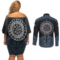 Viking Vegvisir Symbol Couples Matching Off Shoulder Short Dress and Long Sleeve Button Shirt with Runes and Intricate Knotwork Norse Protection Tribute - Wonder Print Shop