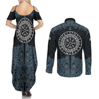 Viking Vegvisir Symbol Couples Matching Summer Maxi Dress and Long Sleeve Button Shirt with Runes and Intricate Knotwork Norse Protection Tribute - Wonder Print Shop