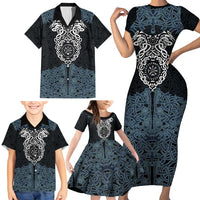 Viking Vegvisir Symbol Family Matching Short Sleeve Bodycon Dress and Hawaiian Shirt with Runes and Intricate Knotwork Norse Protection Tribute - Wonder Print Shop