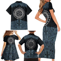 Viking Vegvisir Symbol Family Matching Short Sleeve Bodycon Dress and Hawaiian Shirt with Runes and Intricate Knotwork Norse Protection Tribute - Wonder Print Shop