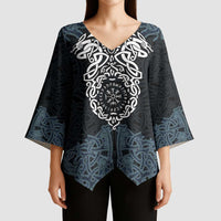 Viking Vegvisir Symbol Kimono Sleeve Blouse with Runes and Intricate Knotwork Norse Protection Tribute - Wonder Print Shop