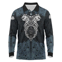 Viking Vegvisir Symbol Long Sleeve Polo Shirt with Runes and Intricate Knotwork Norse Protection Tribute - Wonder Print Shop