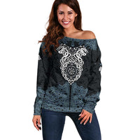 Viking Vegvisir Symbol Off Shoulder Sweater with Runes and Intricate Knotwork Norse Protection Tribute - Wonder Print Shop