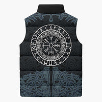 Viking Vegvisir Symbol Sleeveless Puffer Jacket with Runes and Intricate Knotwork Norse Protection Tribute - Wonder Print Shop