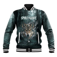 Spirit Guide Wolf Baseball Jacket with Forest Background Tribal Paw Print with Nature Symbols Native American - Wonder Print Shop