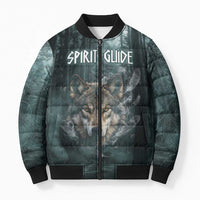 Spirit Guide Wolf Bomber Puffer Jacket with Forest Background Tribal Paw Print with Nature Symbols Native American - Wonder Print Shop