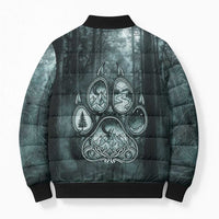 Spirit Guide Wolf Bomber Puffer Jacket with Forest Background Tribal Paw Print with Nature Symbols Native American - Wonder Print Shop