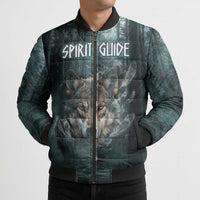 Spirit Guide Wolf Bomber Puffer Jacket with Forest Background Tribal Paw Print with Nature Symbols Native American - Wonder Print Shop