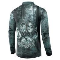 Spirit Guide Wolf Button Sweatshirt with Forest Background Tribal Paw Print with Nature Symbols Native American - Wonder Print Shop