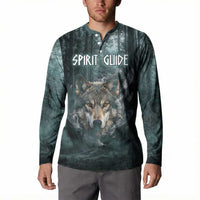 Spirit Guide Wolf Button Sweatshirt with Forest Background Tribal Paw Print with Nature Symbols Native American - Wonder Print Shop