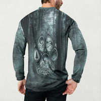 Spirit Guide Wolf Button Sweatshirt with Forest Background Tribal Paw Print with Nature Symbols Native American - Wonder Print Shop