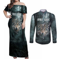 Spirit Guide Wolf Couples Matching Off Shoulder Maxi Dress and Long Sleeve Button Shirt with Forest Background Tribal Paw Print with Nature Symbols Native American - Wonder Print Shop
