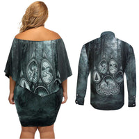 Spirit Guide Wolf Couples Matching Off Shoulder Short Dress and Long Sleeve Button Shirt with Forest Background Tribal Paw Print with Nature Symbols Native American - Wonder Print Shop