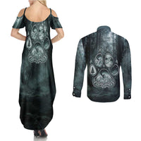 Spirit Guide Wolf Couples Matching Summer Maxi Dress and Long Sleeve Button Shirt with Forest Background Tribal Paw Print with Nature Symbols Native American - Wonder Print Shop