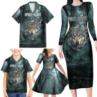 Spirit Guide Wolf Family Matching Long Sleeve Bodycon Dress and Hawaiian Shirt with Forest Background Tribal Paw Print with Nature Symbols Native American - Wonder Print Shop