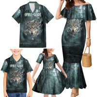 Spirit Guide Wolf Family Matching Mermaid Dress and Hawaiian Shirt with Forest Background Tribal Paw Print with Nature Symbols Native American - Wonder Print Shop