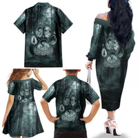Spirit Guide Wolf Family Matching Off The Shoulder Long Sleeve Dress and Hawaiian Shirt with Forest Background Tribal Paw Print with Nature Symbols Native American - Wonder Print Shop