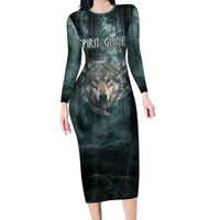 Spirit Guide Wolf Long Sleeve Bodycon Dress with Forest Background Tribal Paw Print with Nature Symbols Native American - Wonder Print Shop